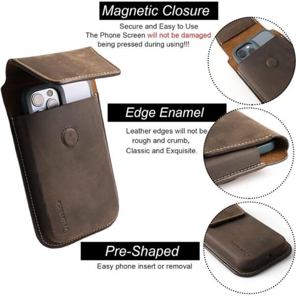 Leather Cell Phone Holster with Belt Clip, Flip Case for iPhone 14 13 Pro Max - Picture 3 of 7